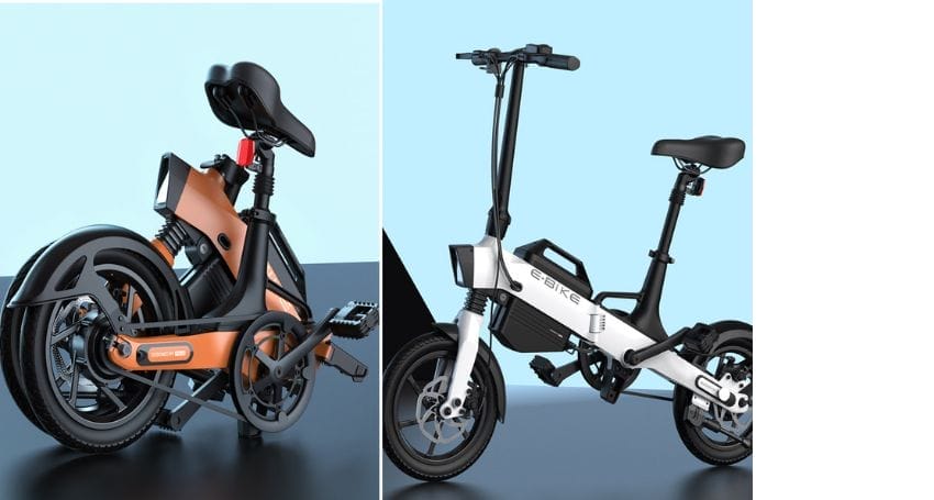 Two revolutionized electric bicycles designed for urban commuting are shown.
