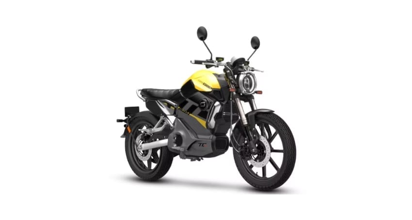 A yellow and black motorcycle on a white background.