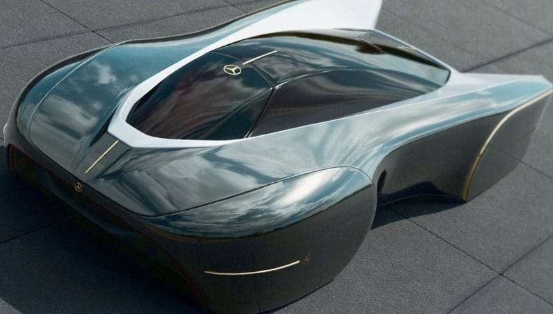 A sleek, futuristic car with a glossy black exterior and flowing aerodynamic design is parked on a gray surface, reflecting the sky.
