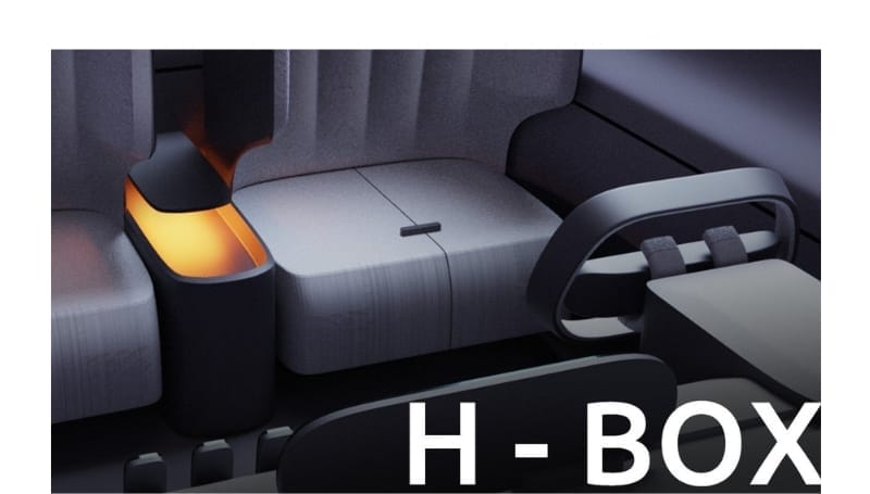 A futuristic car interior with illuminated armrests and sleek seats. The text "H-BOX" is displayed at the bottom of the image.