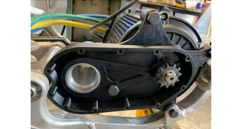 A close up of a gearbox on an electric bike conversion.