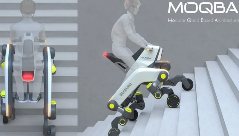 A person is riding a staircase-climbing robotic vehicle named "MOQBA" by Suzuki. The image shows two views: one from the back climbing stairs and one from the side.