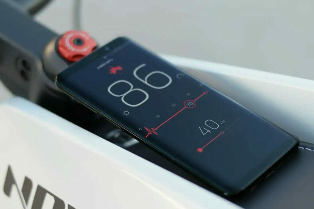 Samsung's smart phone is sitting on the handlebar of a premium electric motorcycle.