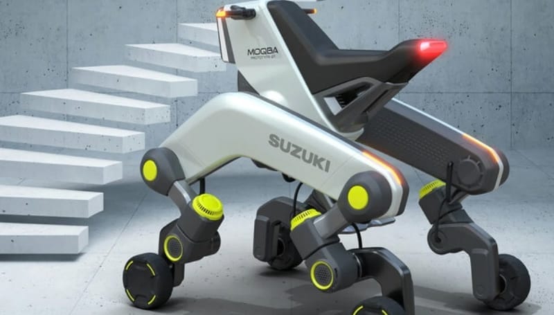 A futuristic, robotic mobility vehicle by Suzuki, designed for navigating stairs, is shown against a concrete backdrop.
