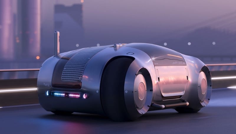A sleek, futuristic autonomous vehicle drives on a road at dusk, featuring a streamlined design, large wheels, and glowing lights. A bridge and industrial buildings are visible in the background.