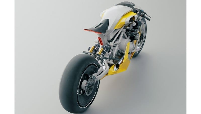 Rear view of a futuristic, minimalist motorcycle featuring a sleek design, exposed mechanical components, and a yellow and white color scheme on a white background.