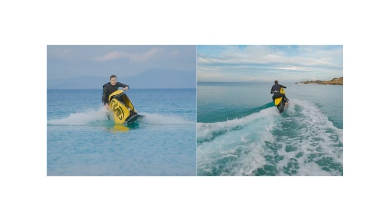 Introducing a person riding a Searacer on the sea in two different angles.