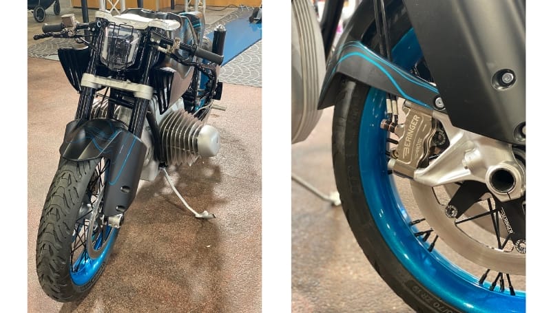 A split image showing a BMW motorbike in blue and black: the left side features the full front and engine, while the right side is a close-up of the front wheel and suspension.