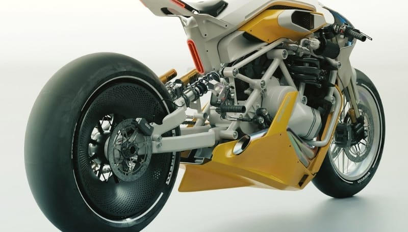 High-performance motorcycle showcasing a complex suspension system, a single-sided swingarm, and large rear tire against a plain background.
