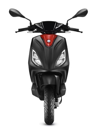 An EV scooter in black and red, designed by Piaggio, showcased on a pristine white background.