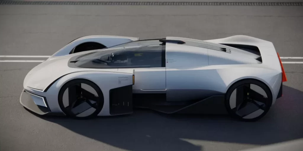 An Auto Draft futuristic concept car is shown on a runway.