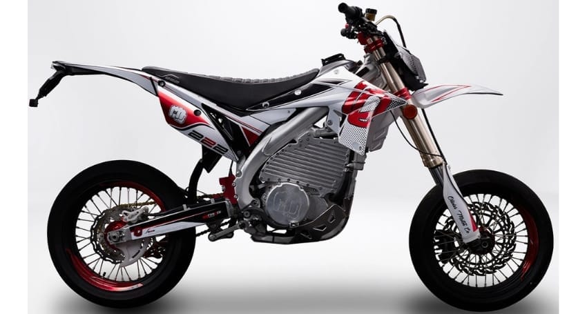 Modern motard-style motorcycle, featuring the revolutionary Olivier S222, on a neutral background.