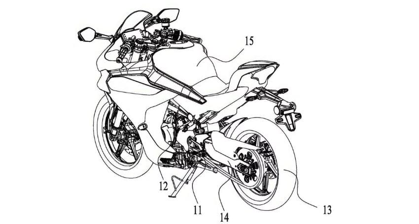 A drawing of a motorcycle with its parts labeled.