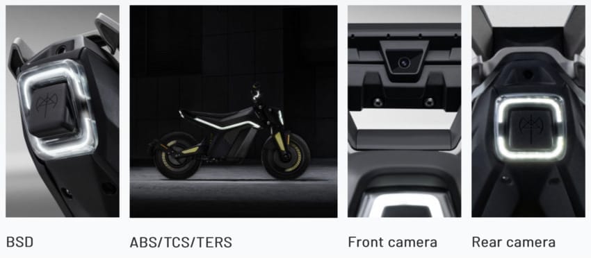 Four electrifying images of a NAXEON motorcycle with a camera attached to it, showcasing the innovation in urban mobility revolution.