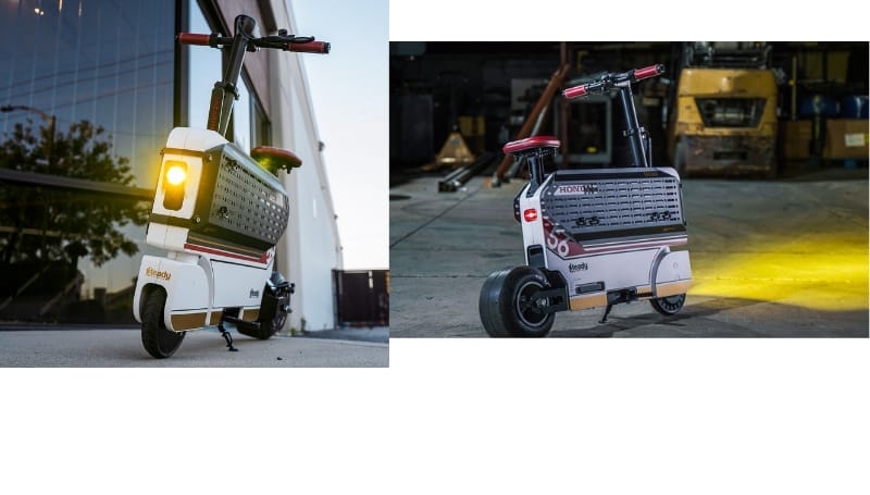 Two images of a compact, foldable electric scooter with red accents. The scooter, reminiscent of the Honda Motocompacto, features front and rear lights and is shown outdoors near a building and indoors in a garage.