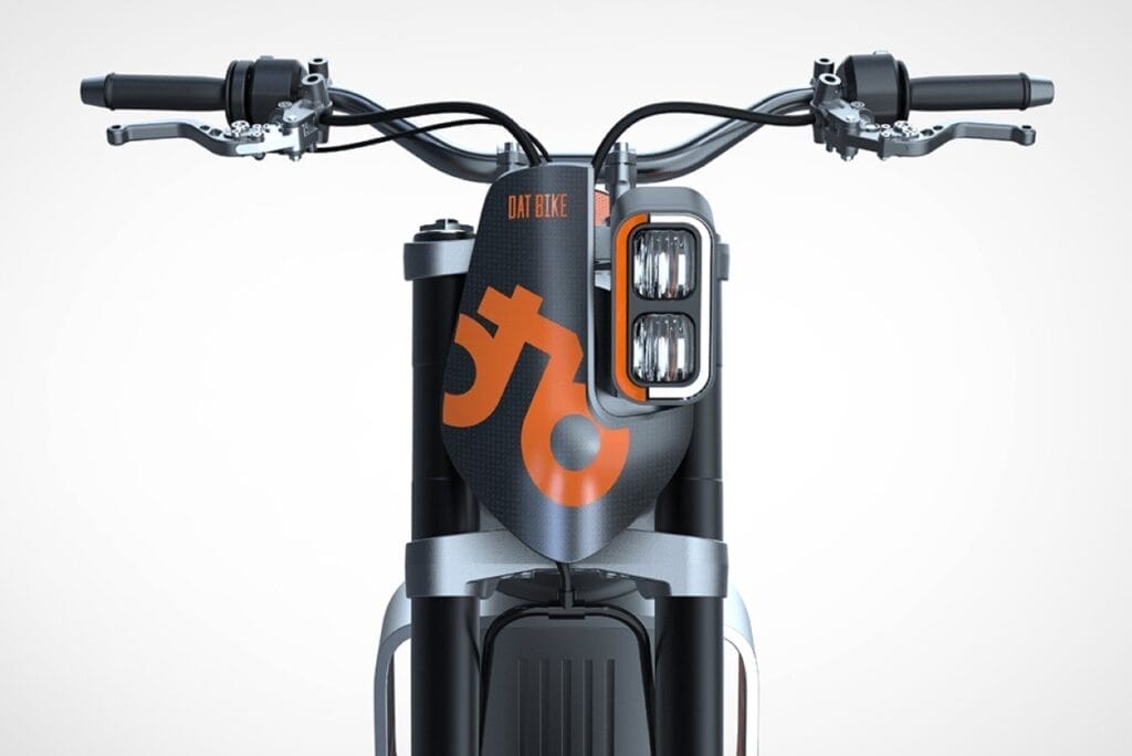 A motorcycle with an orange and black handlebar.