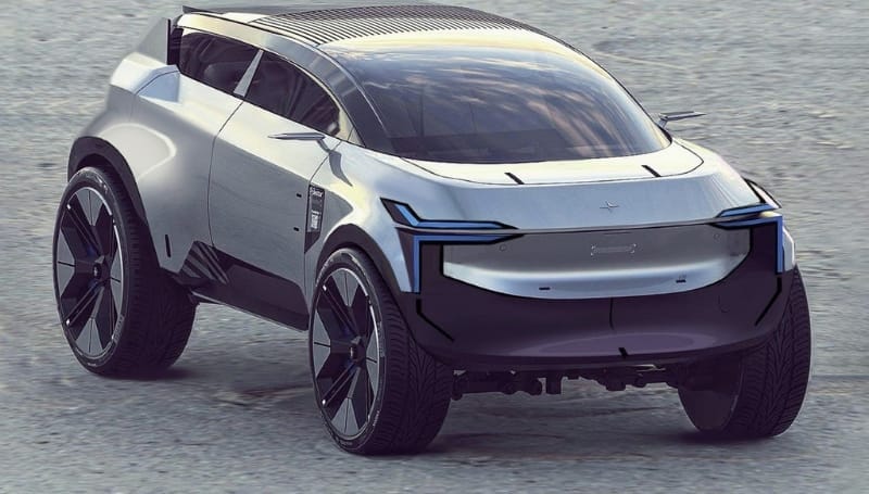 A sleek, futuristic, grey electric SUV with tinted windows and distinctive blue LED rear lights parked on a concrete surface.