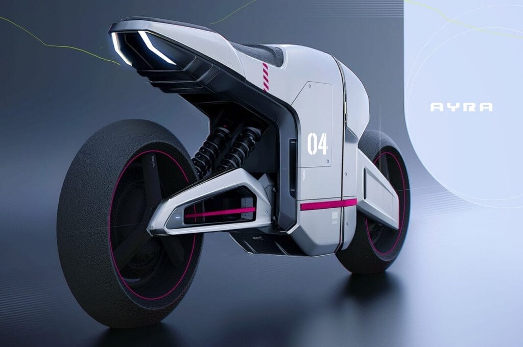 A futuristic motorcycle with a pink and white design.