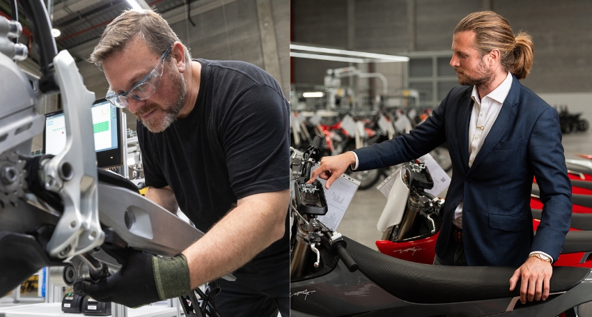 Two men in factory settings: the left man wearing safety glasses works on machinery, the right man in a suit inspects a motorcycle. Both appear focused on their tasks.