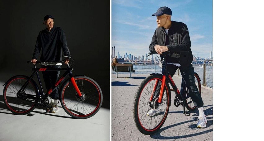 Two pictures of a man standing next to an electric bicycle.