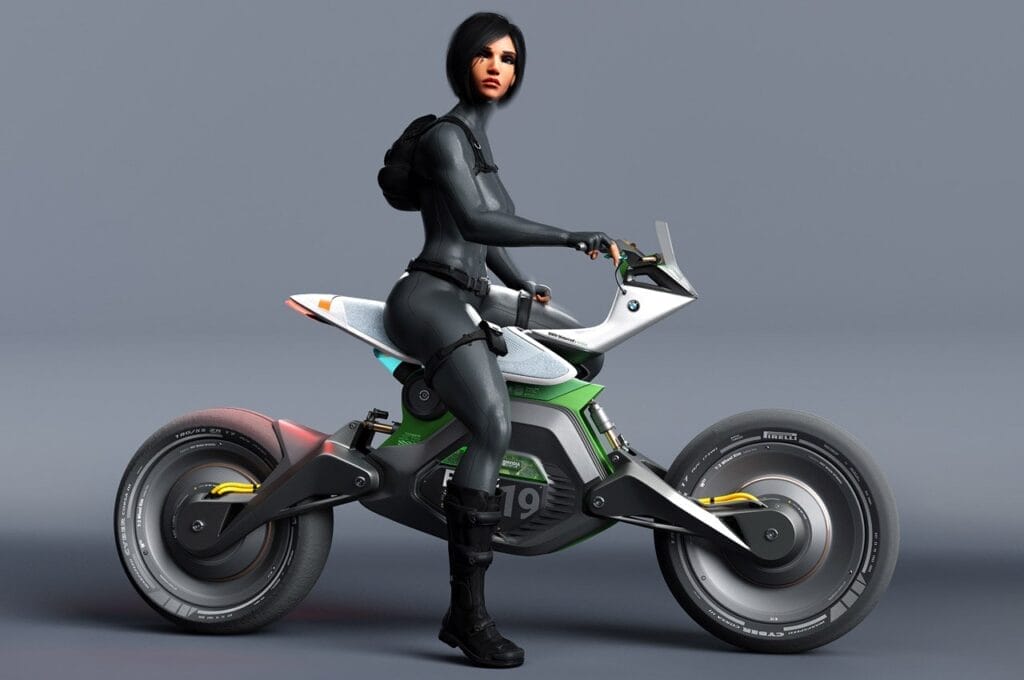 A 3d model of a woman riding a motorcycle.