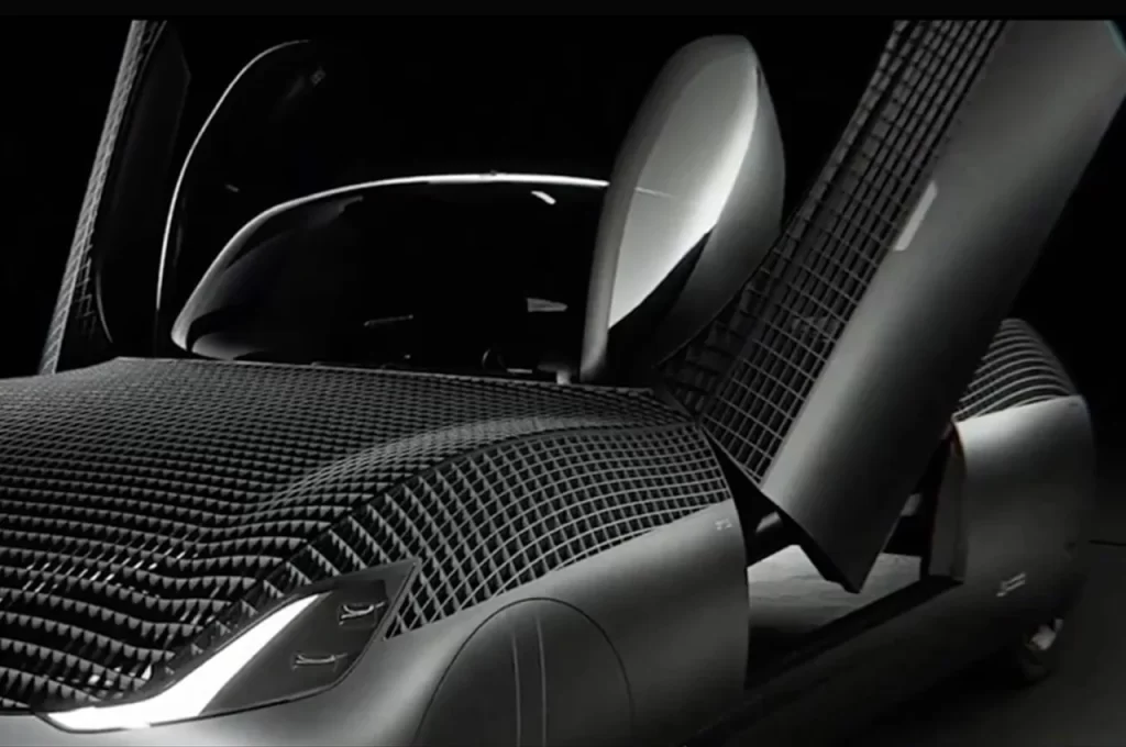 A futuristic car with a door open.