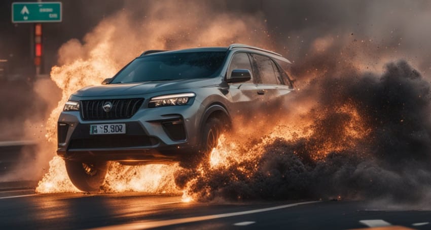 A smoking SUV driving down a road.