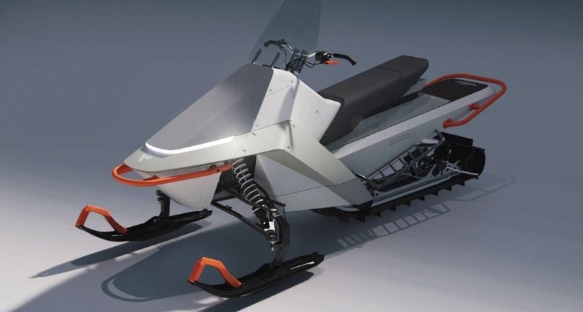 An image of an electric snowmobile on a white background.