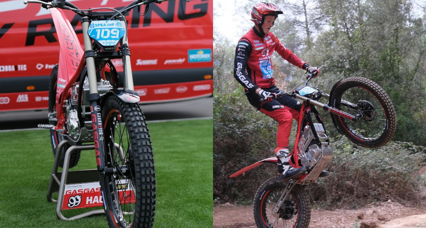 A red GASGAS TXE on a stand and another in the woods riding the trial bike