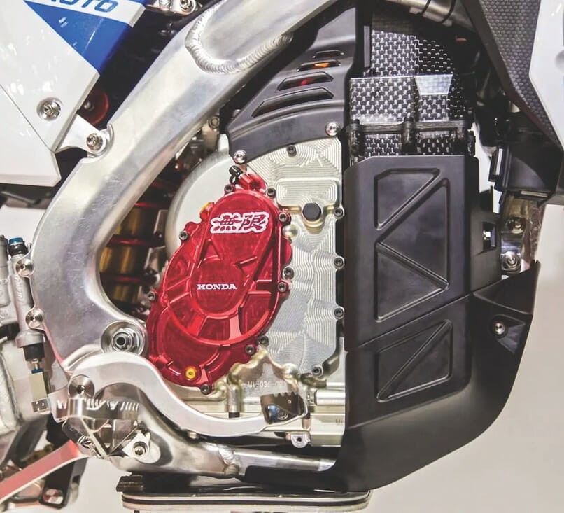 A close up of the engine of Honda's CR ELECTRIC PROTO motorcycle.