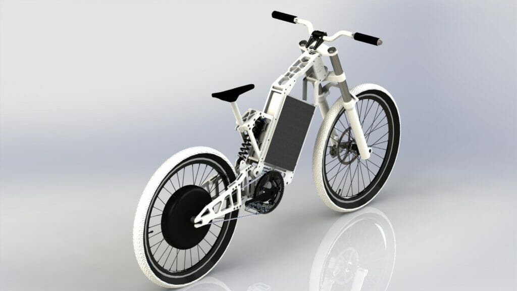 An electric bike is shown on a white surface.