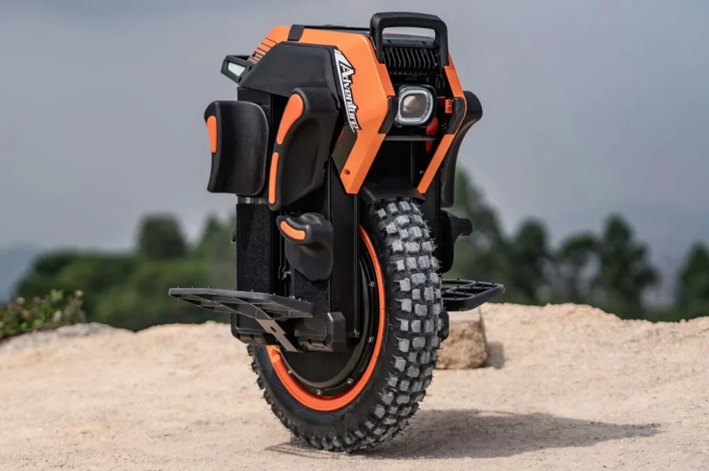 An InMotion Adventure Unicycle, a powerful off-roading beast, sitting on the ground.