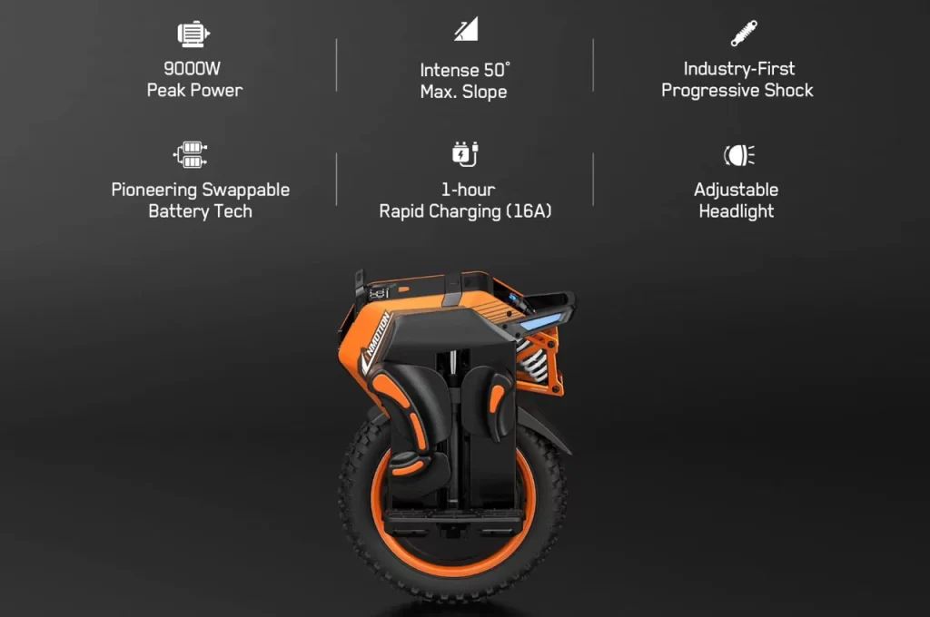 An orange and black bike with unique features.