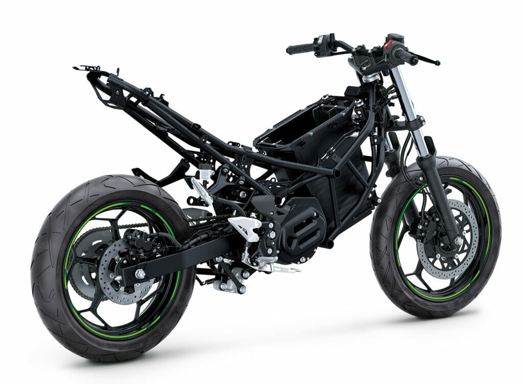 A black and green motorcycle on a white background.