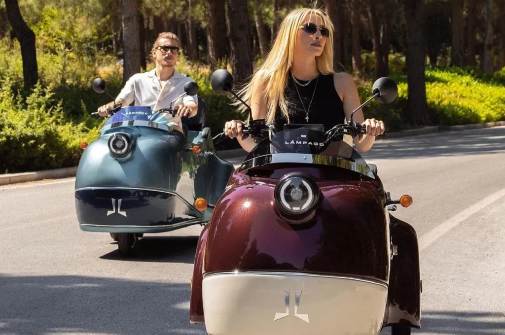 woman, man, scooter.