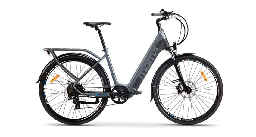 Gray electric bicycle with rear rack and kickstand, ideal for your lifestyle, displayed on a white background.