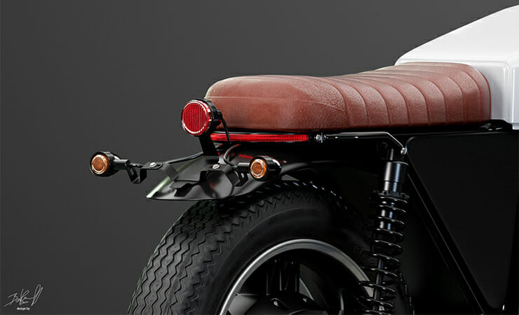 The rear end of a motorcycle is shown in black and white.