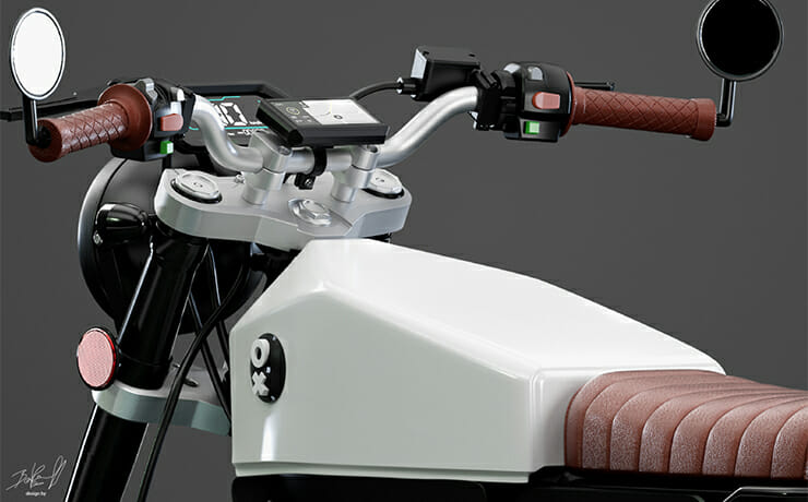 A close up of a motorcycle with a seat and handlebars.