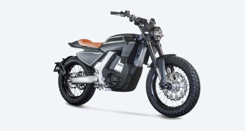 A black and silver motorcycle with brown leather seat, wide tires, and retro-styled design, seen on a white background.