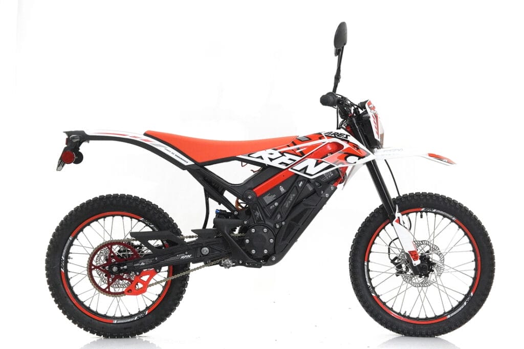 A red and white dirt bike on a white background with RS Road upgrade.