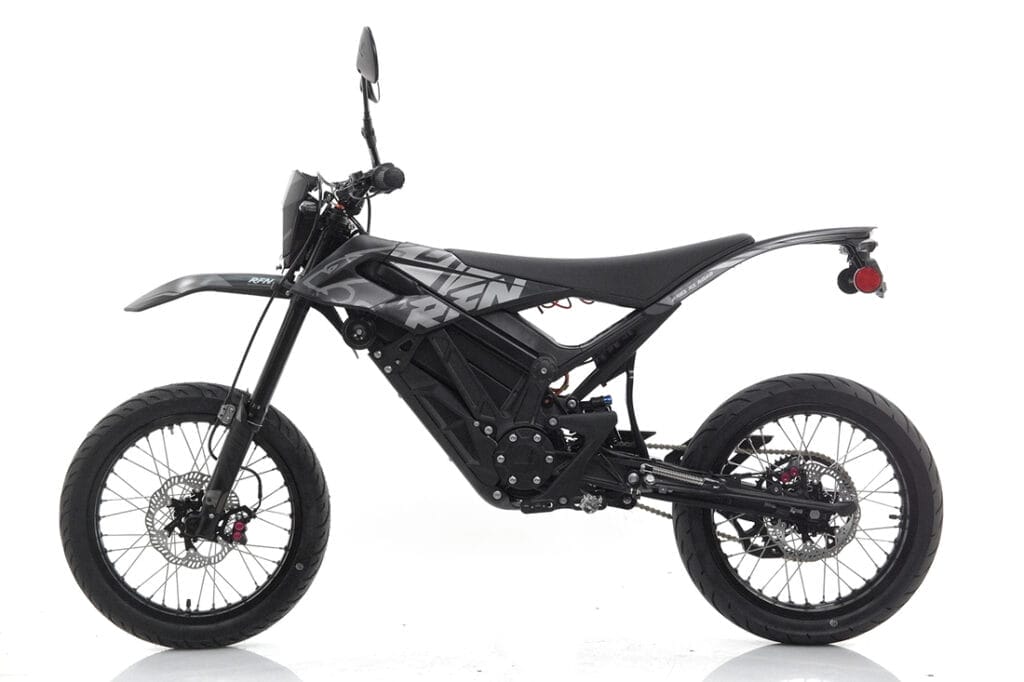 A black dirt bike on a white background featuring Apollo's RFN Electric Motorbike Upgrades.