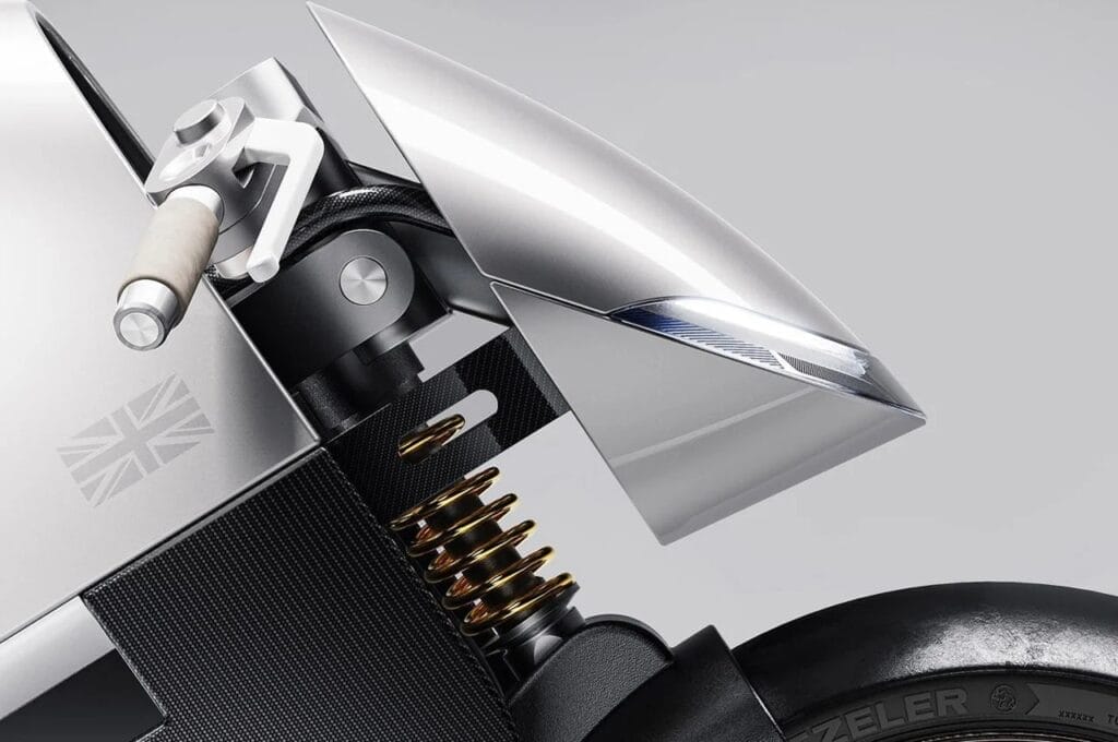 A close up of the front end of an Electric Café Racer motorcycle blending 60s elegance and racing spirit.