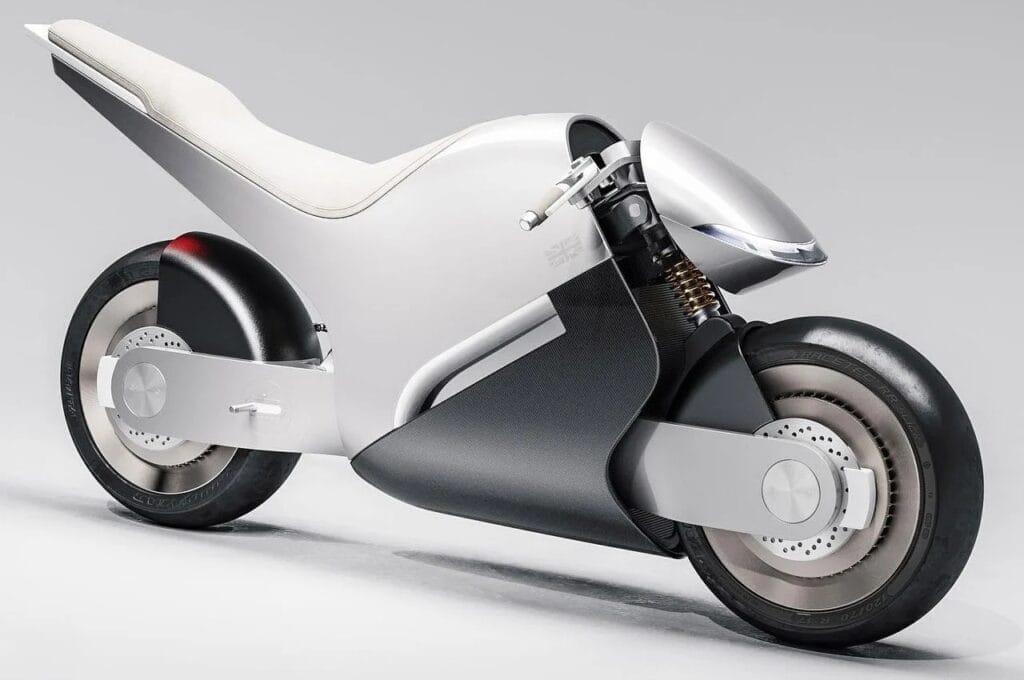 A futuristic electric café racer superbike is shown on a white background, blending 60s elegance & racing spirit.