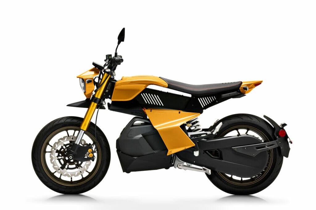 Yellow motorcycle, white background.