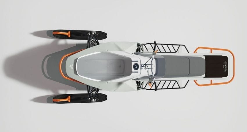 A model of a Pininfarina-designed electric snowmobile on a white background.