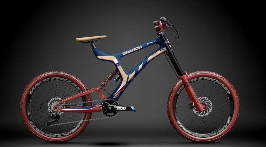 A blue and red mountain bike on a black background.