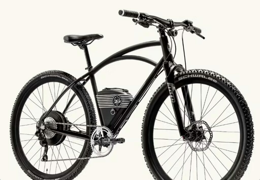 A high-quality black electric bike is shown against a white background.