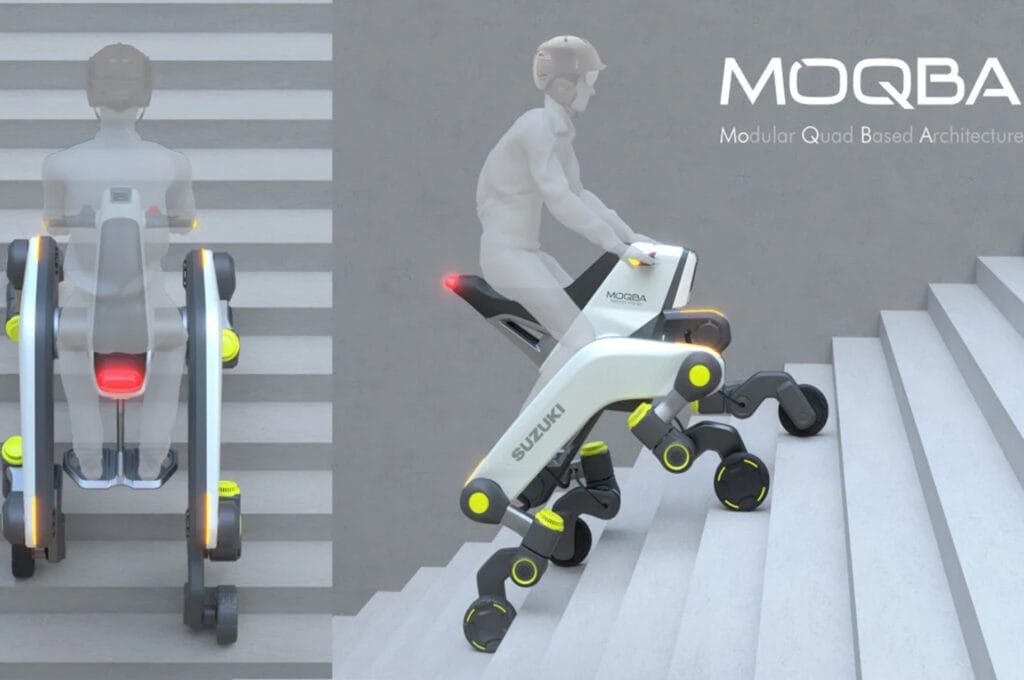 The Moqba is a revolutionary wheelchair that combines the functionality of a Suzuki MOQBA E-Bike with the innovative technology of a quadruped robot, allowing individuals to effortlessly go up