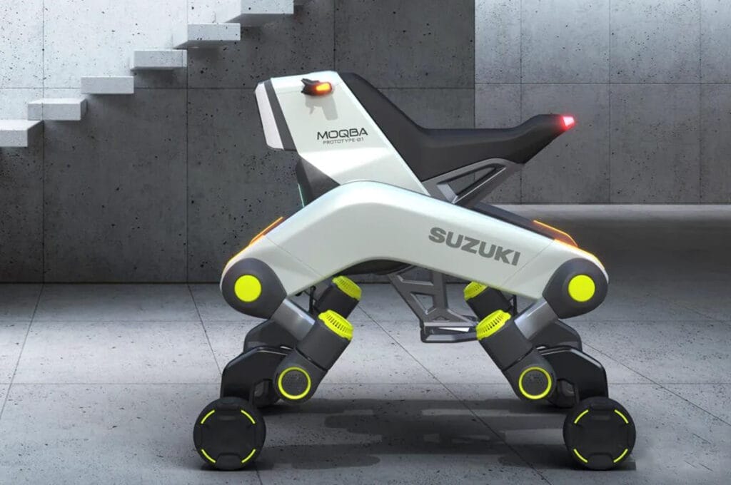 Suzuki's futuristic Quadruped Robot, the MOQBA E-Bike, is shown conquering a set of stairs.