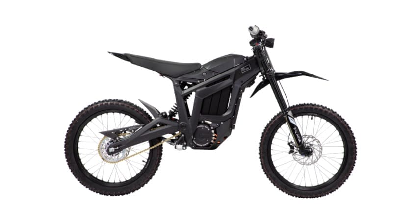 A black dirt bike is showcased against a white background, made by Talaria Electric Motorcycles.